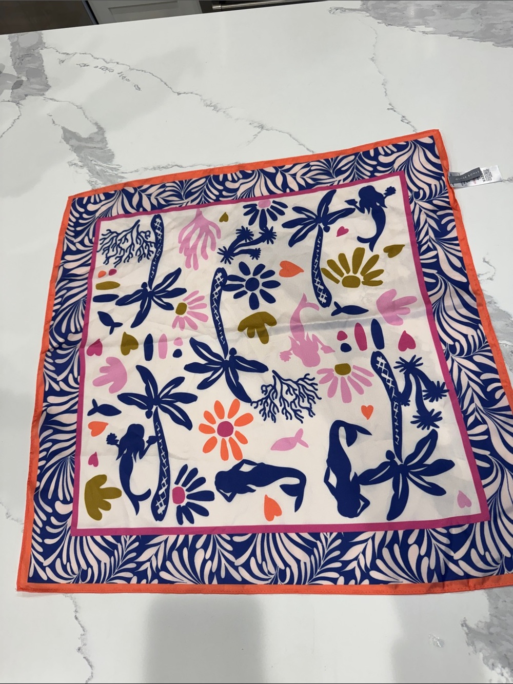 Women’s Floral & Mermaid Print Silk Scarf in Navy, Pink & Coral